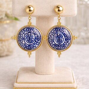 Blue & White Porcelain Statement Earrings – Gold Chinoiserie Dangle Earrings